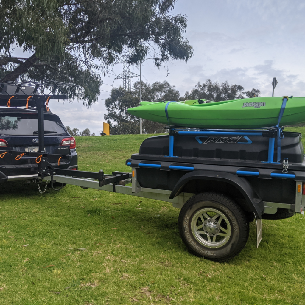 Stockman Pod Trailer with Shingleback Bike Rack and carrying Kayaks