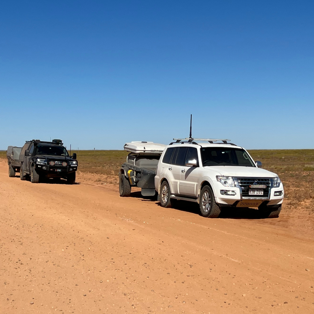 Stockman Extreme Pod Trailer behind Mitsubishi Pajero in the Australian Outback